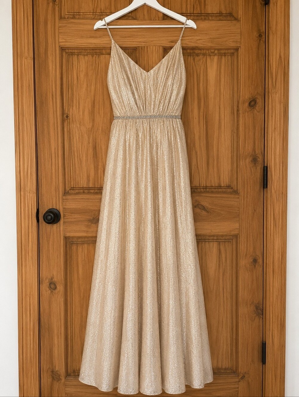 NWT City Studios Gold Metallic Foil Maxi Gown Prom Gala Bridesmaid Dress Size 5